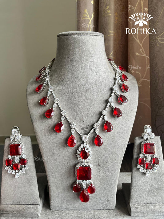 Amba doublets american diamond necklace set - Red
