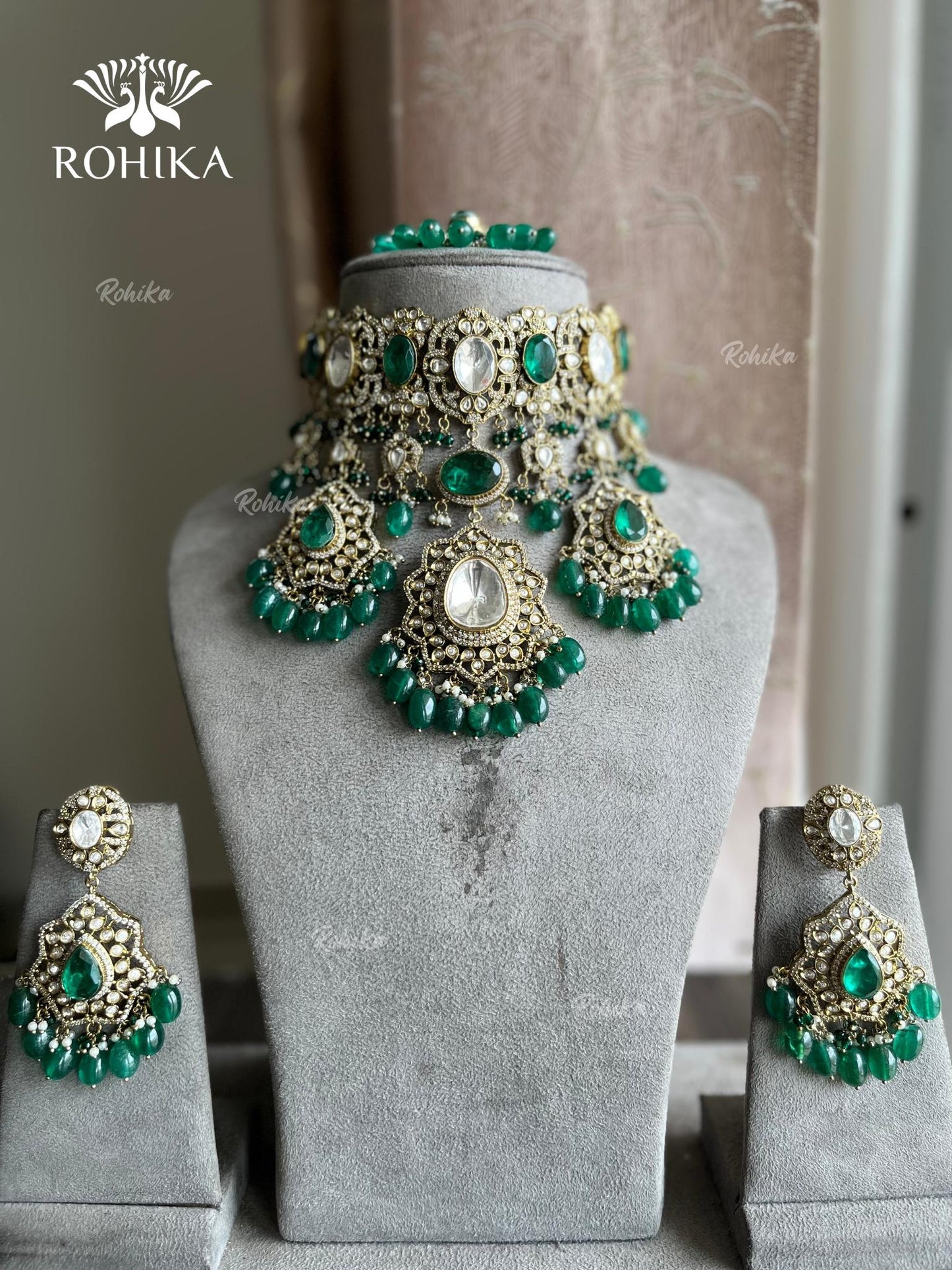 Falak Moisanite Polki Kundan Necklace Set - Green