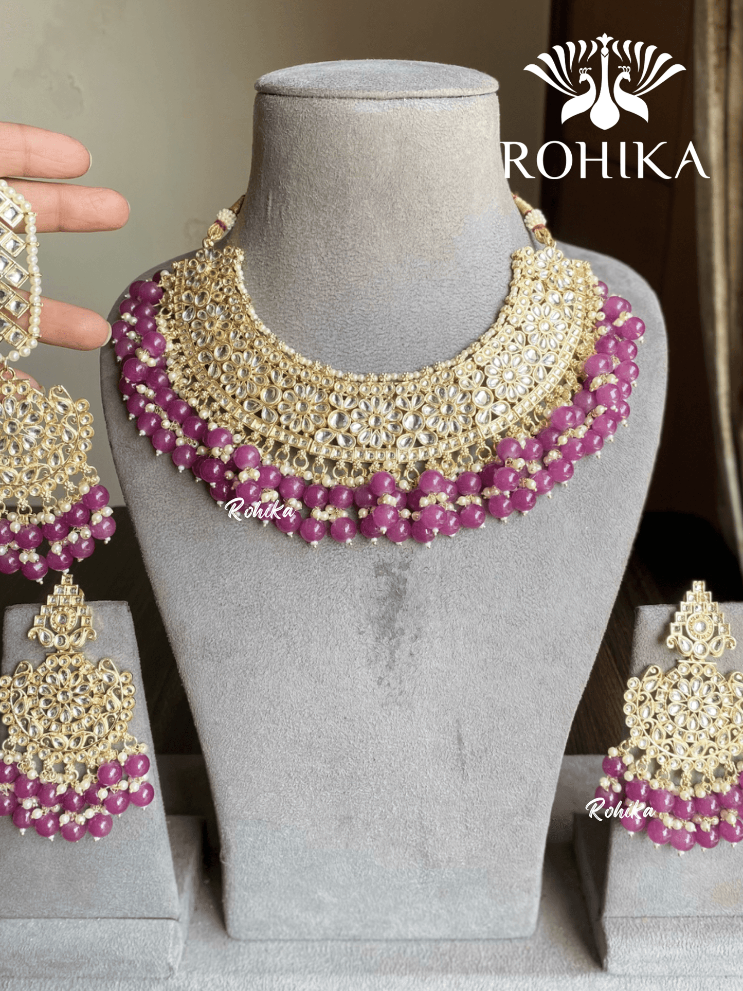 Dabi-kundan semi-bridal necklace sets - Dark Purple