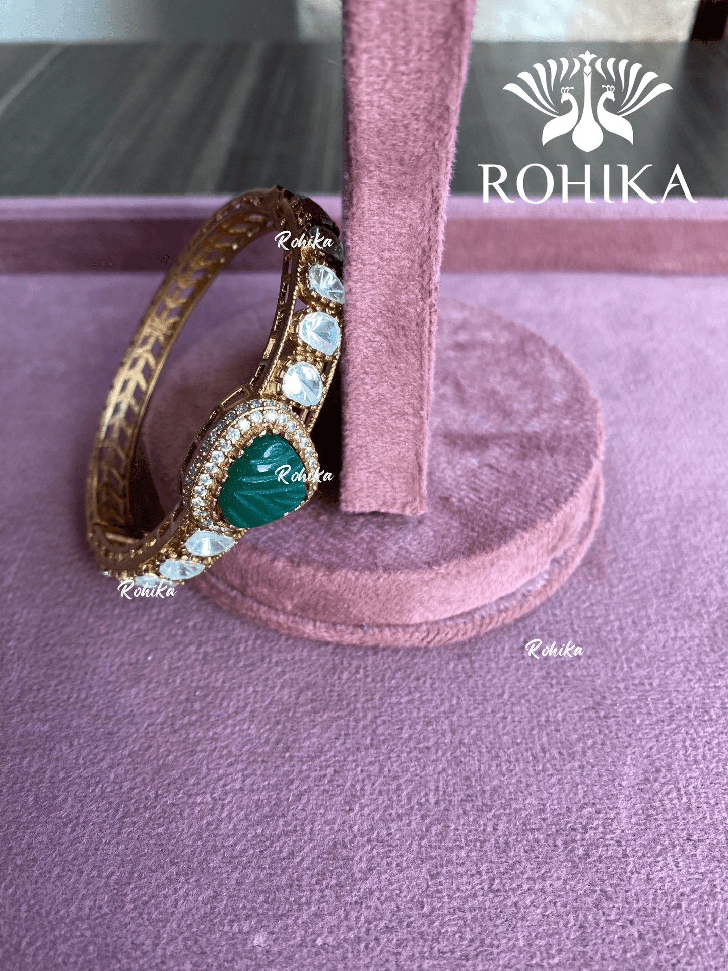 Lina polki kundan bracelet/kada - Dark Green - Rohika Store