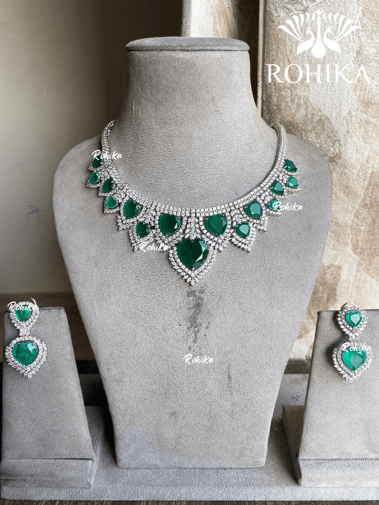 Eesha American diamond necklace set - Dark green - Rohika Store