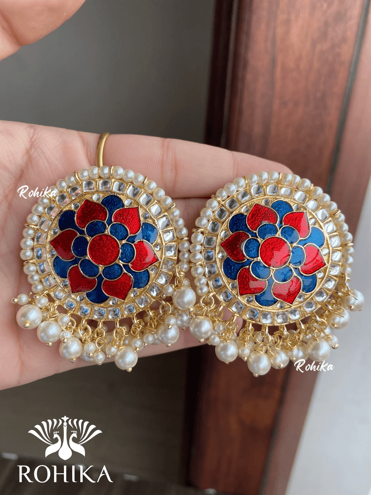 Khushi kundan studs - Navy blue and red - Rohika Store