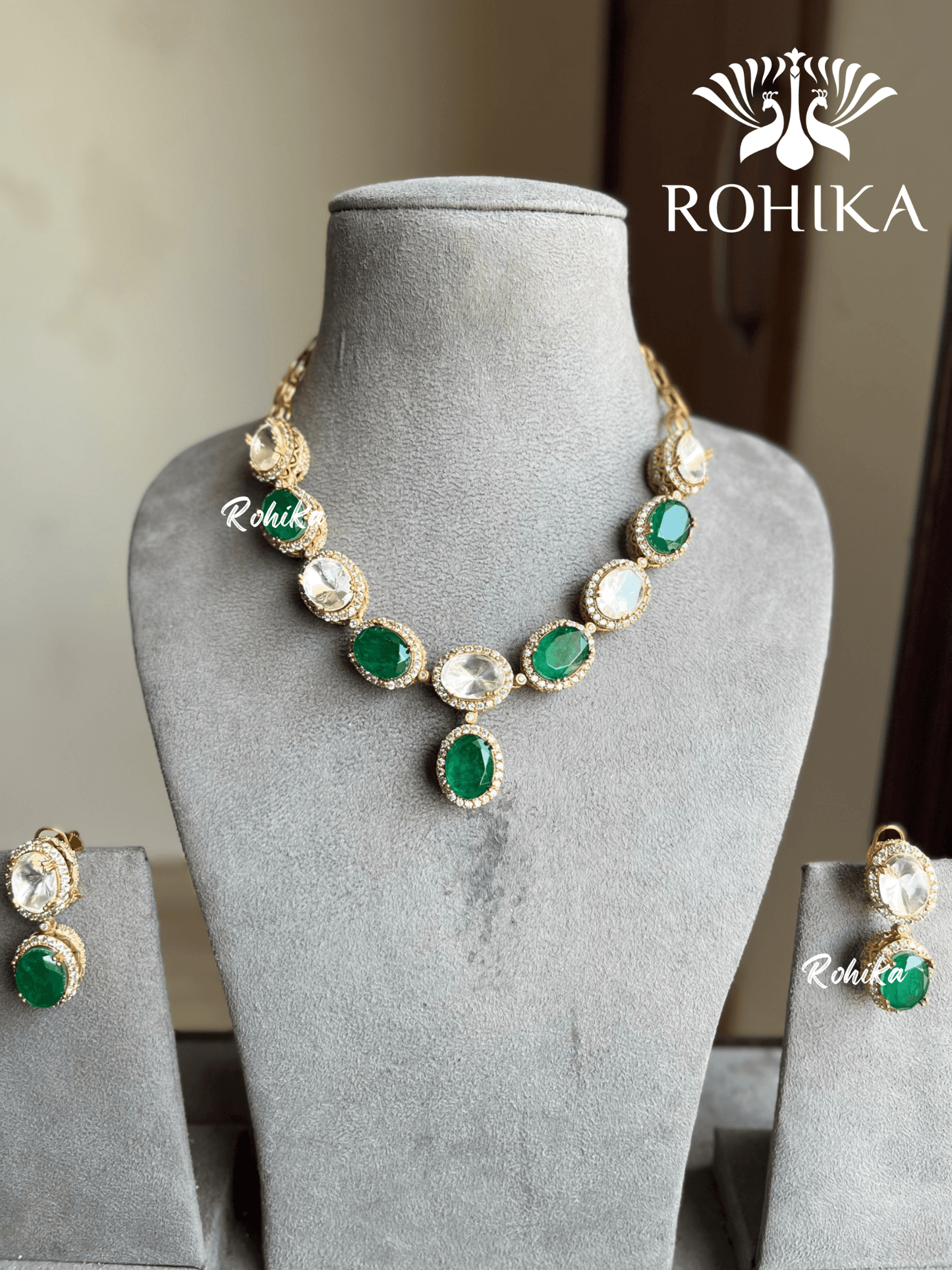 Sona moisanite doublet necklace set - Green - Rohika Store
