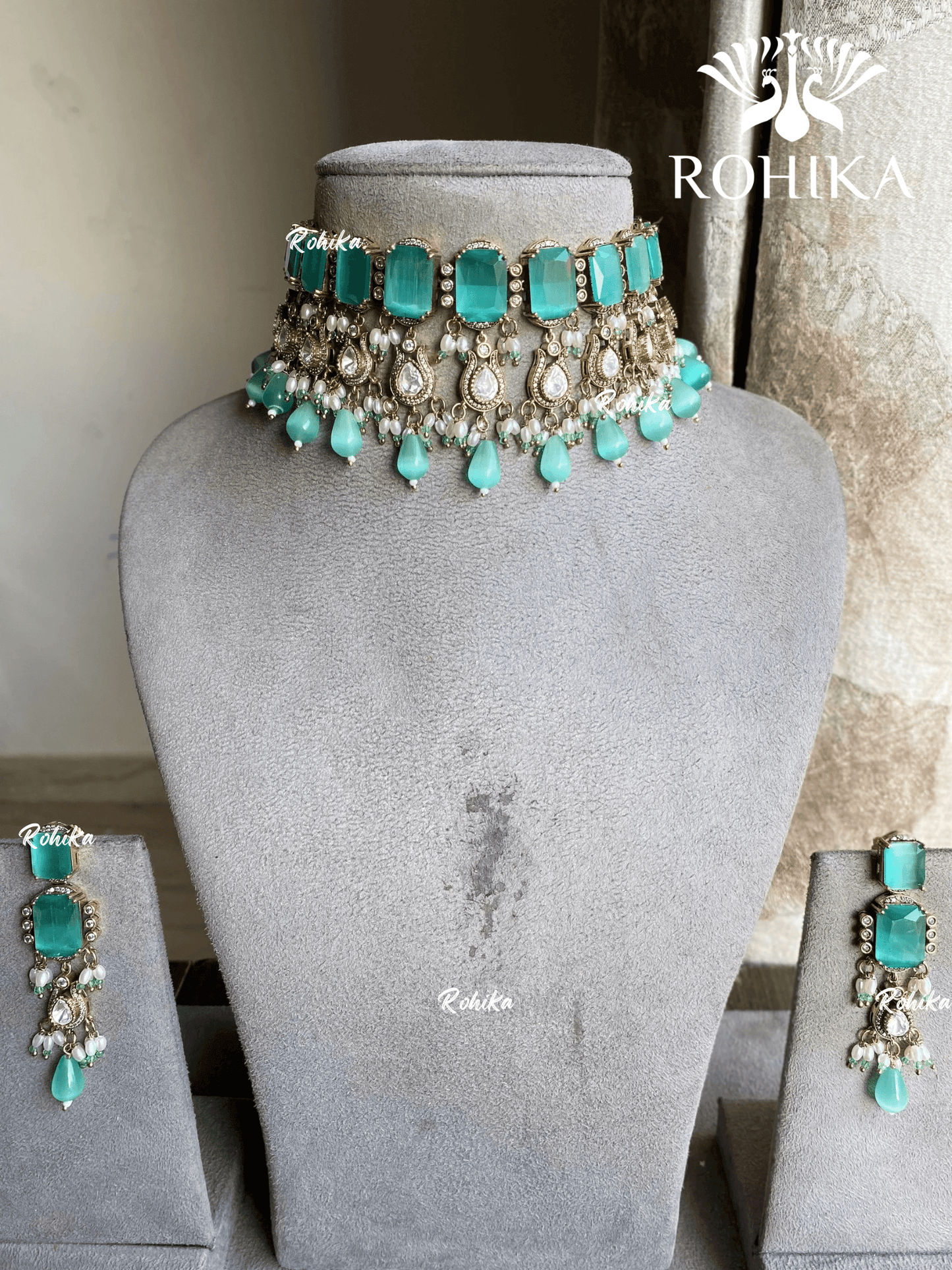 Yashvi moisanite choker set - Mint green - Rohika Store