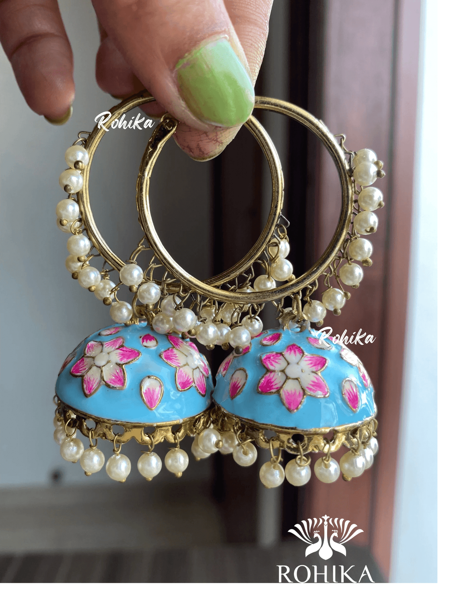 Phool jhumka bali earrings - Sky Blue - Rohika Store