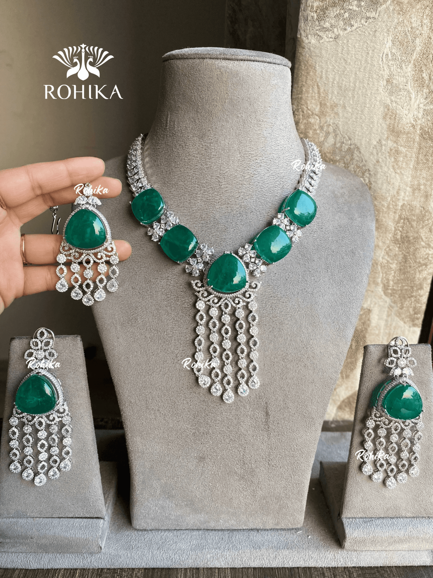 Sierra american diamond necklace set - Dark green - Rohika Store