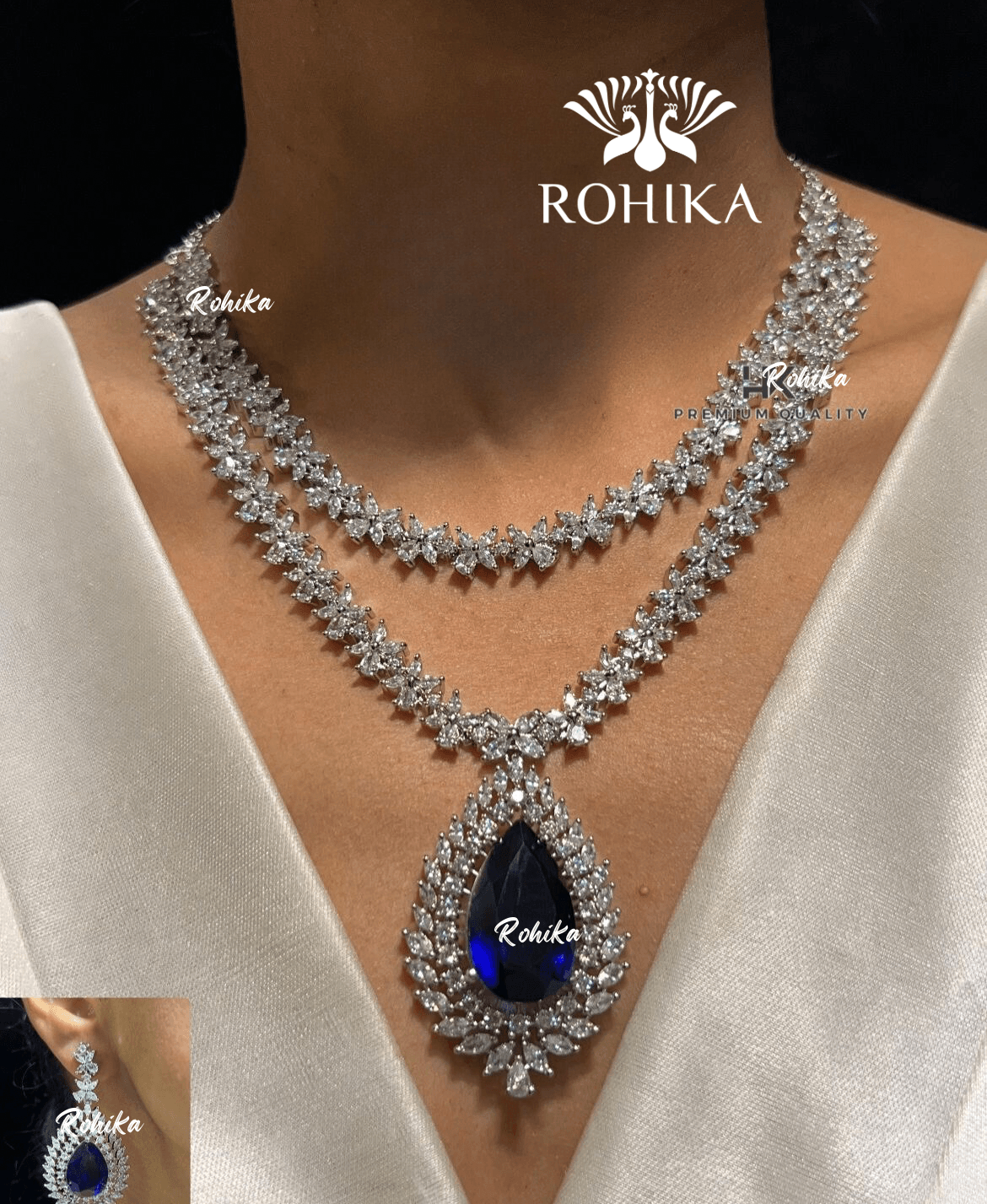 Leona american diamond necklace set - Dark blue - Rohika Store
