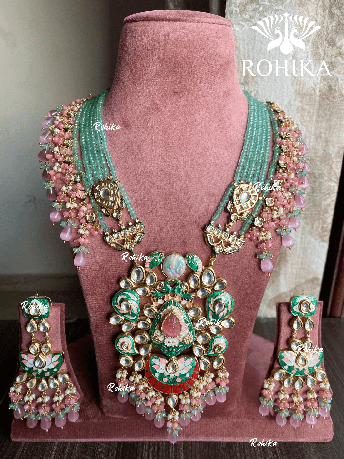 Divya meenakari kundan long necklace set - Mint green & pink - Rohika Store