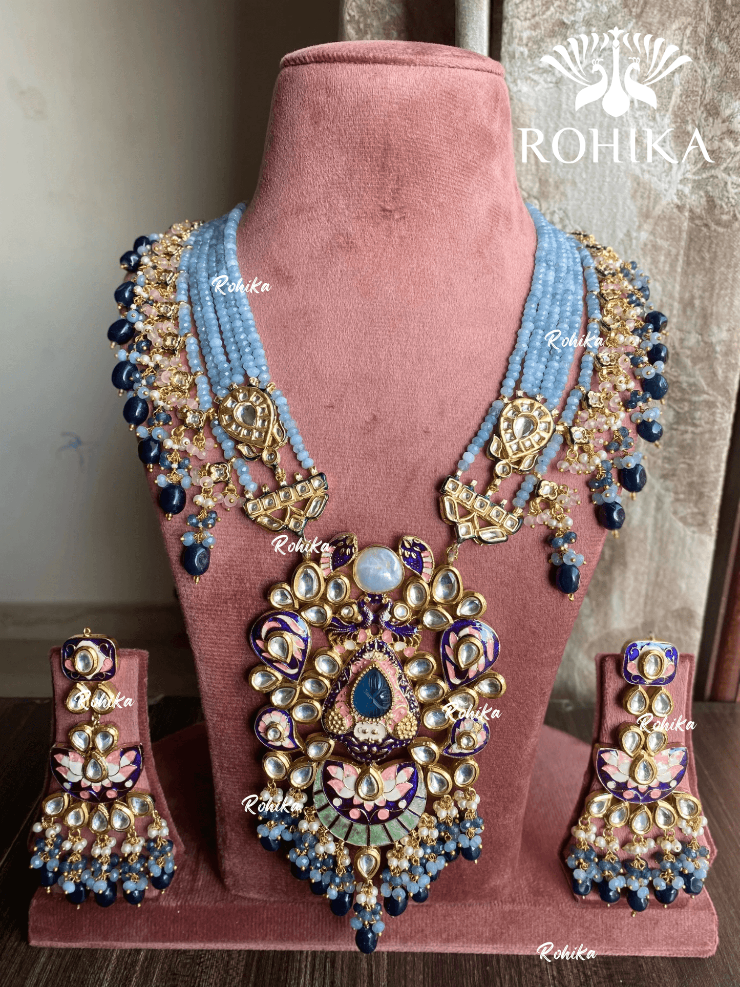 Divya meenakari kundan long necklace set - Blue - Rohika Store