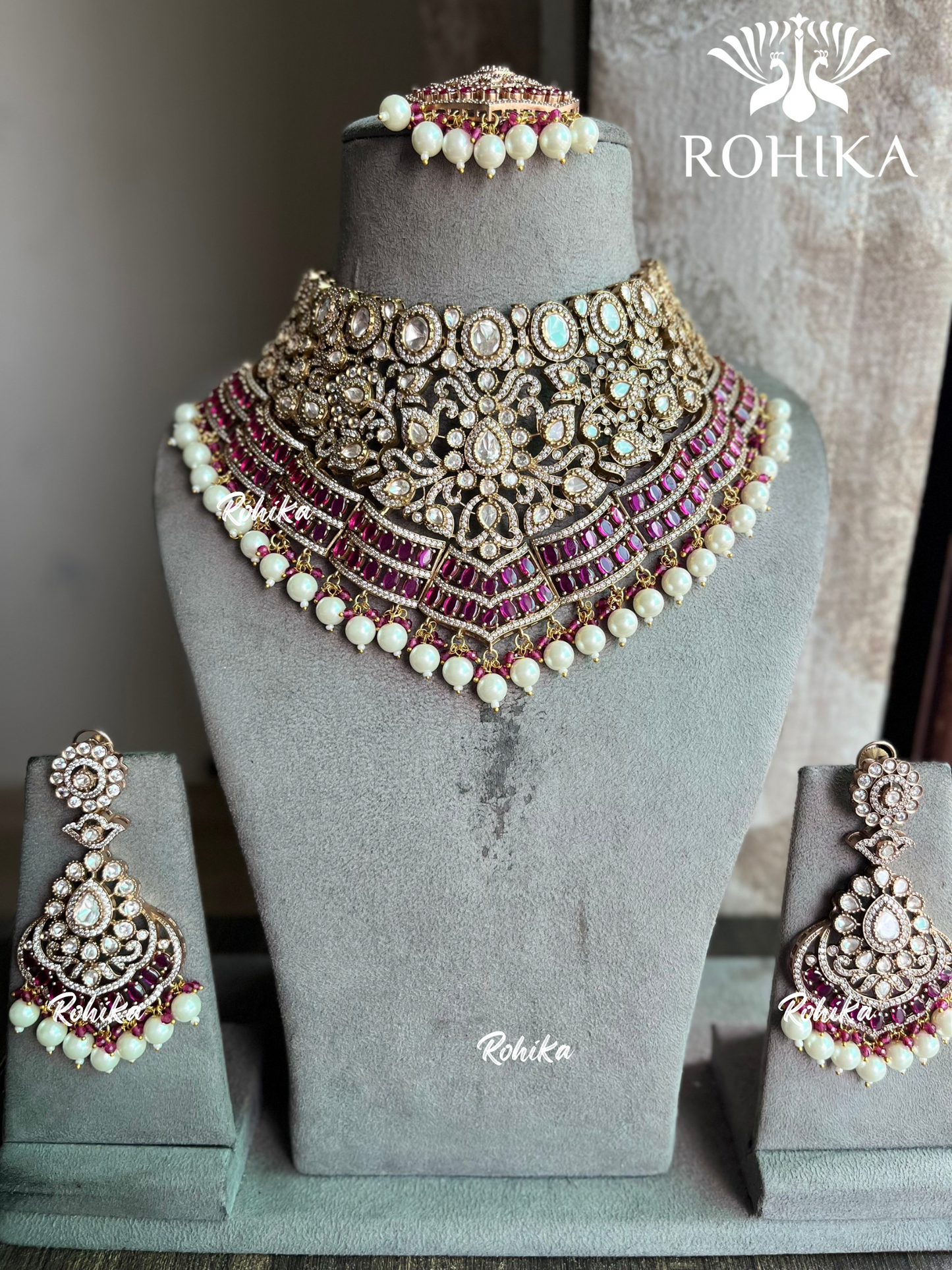 Shravani moisanite polki kundan necklace set - Ruby red