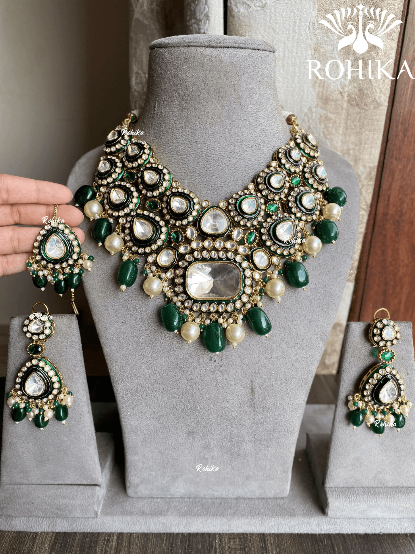 Gunjan bikaneri kundan bridal necklace set - Dark Green - Rohika Store