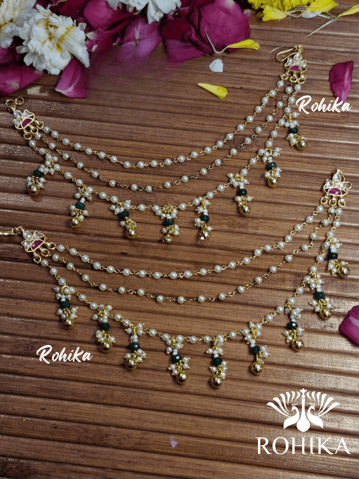 Pachhi kundan earchains - Green and golden - Rohika Store