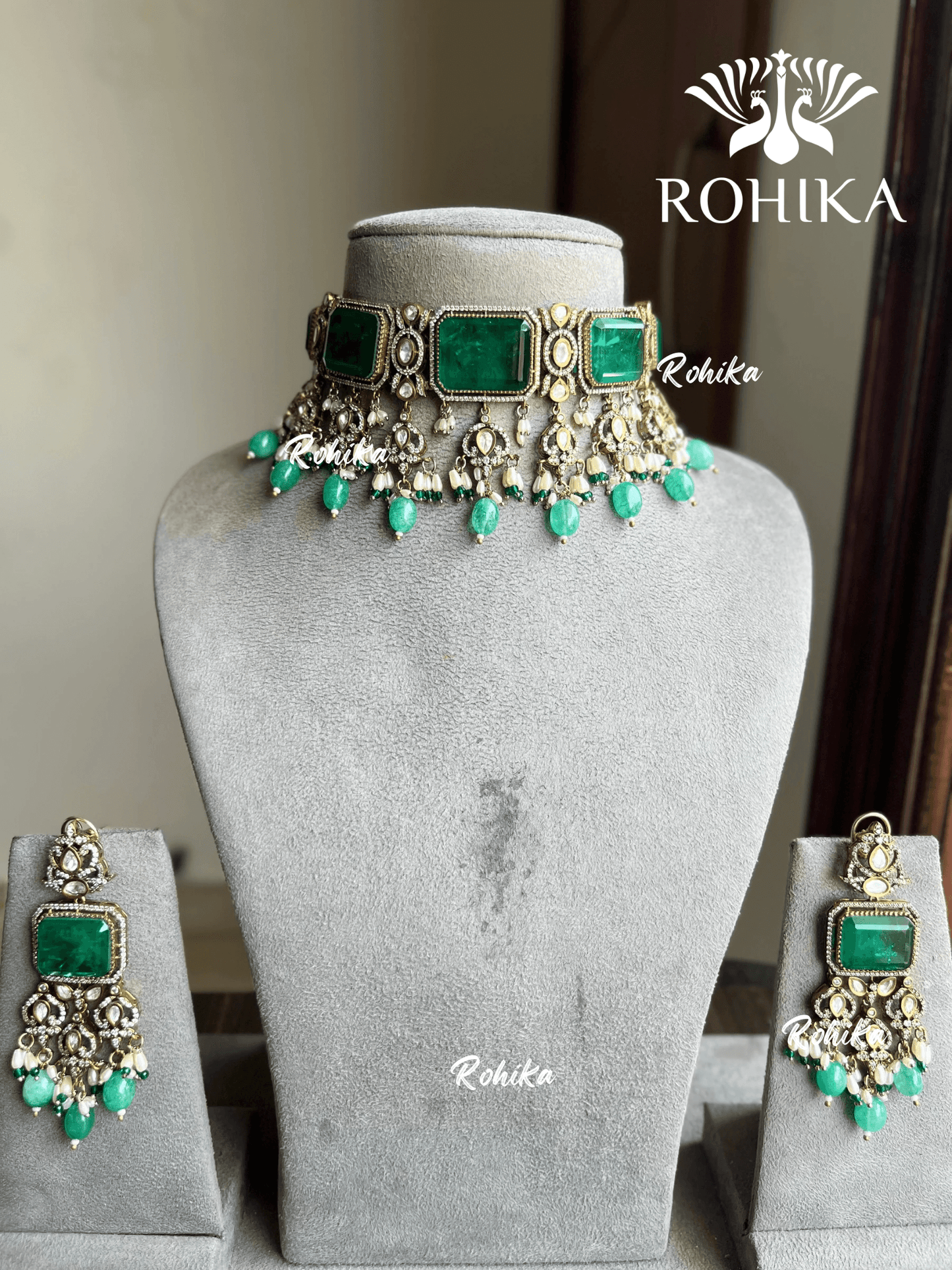 Areesa polki kundan choker set - Dark Green - Rohika Store