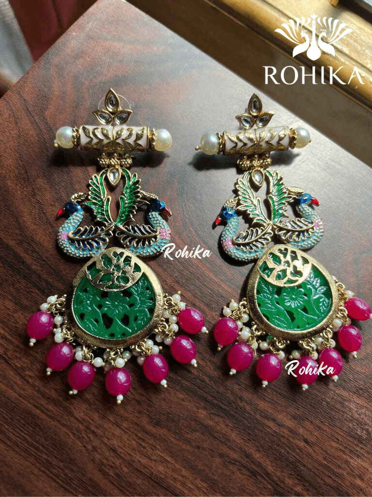 Morni meenakari carving earrings - Green - Rohika Store