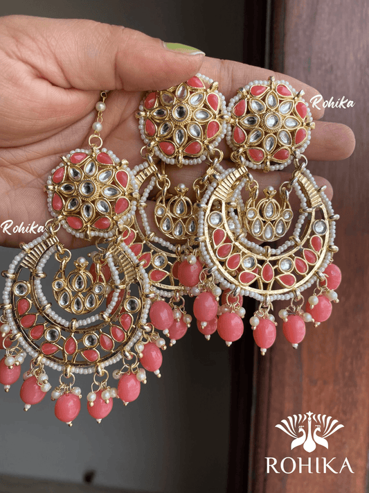 Karina earrings and maangtikka combo - Pink - Rohika Store