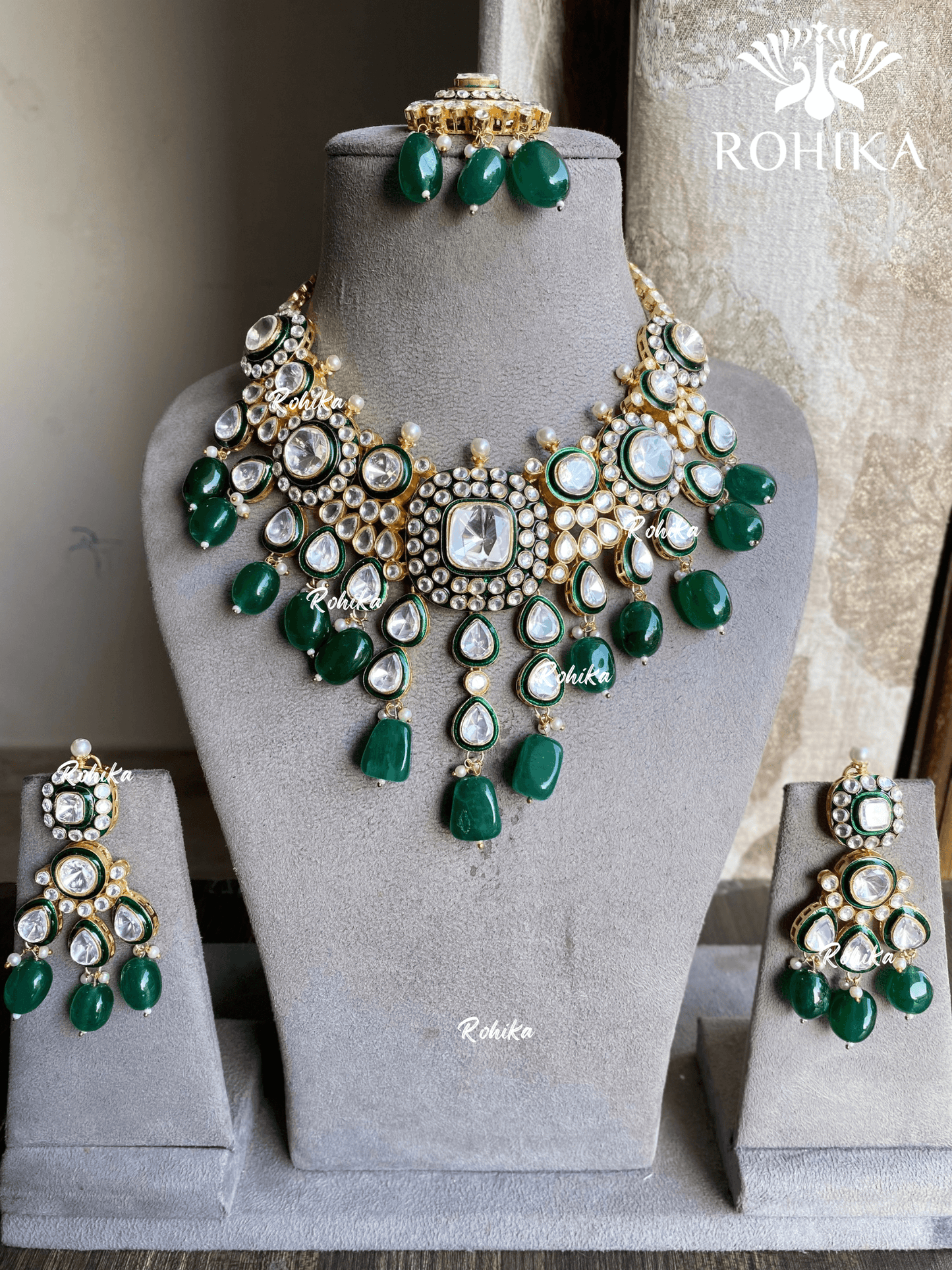 Suhani bikaneri kundan necklace set - Dark green - Rohika Store