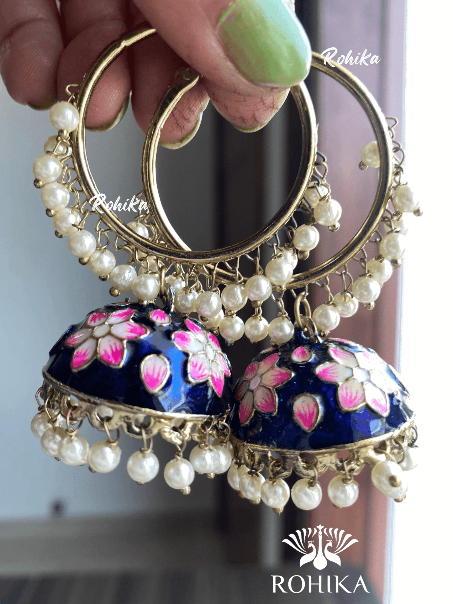 Phool jhumka bali earrings - Navy Blue - Rohika Store