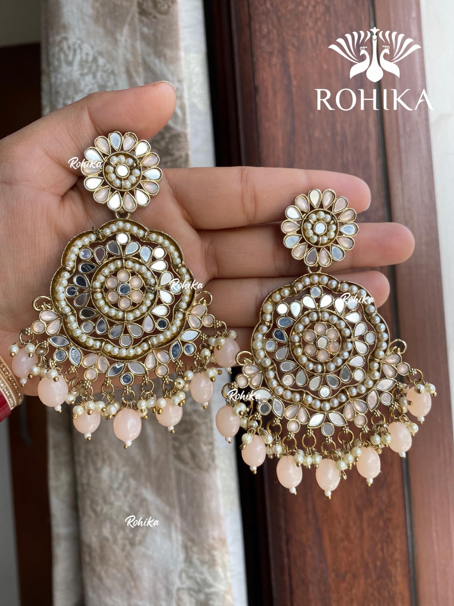 Rashi mirror earrings tikka combo - Peach