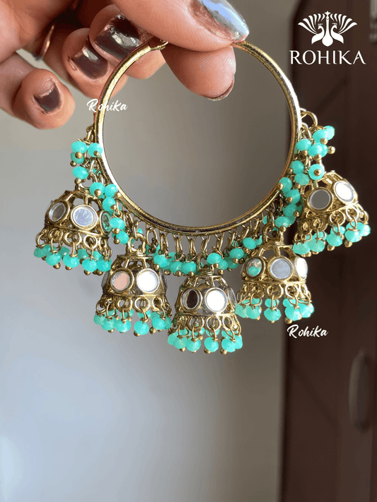 Leena mirror jhumki bali earrings - Mint Green - Rohika Store