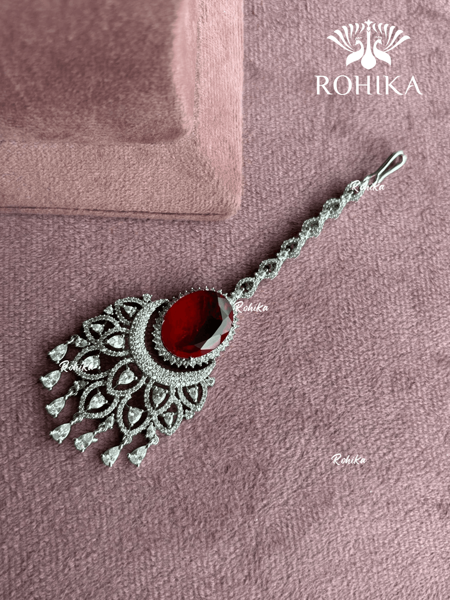 American Diamond Maangtikka (ADM-004) - Red - Rohika Store