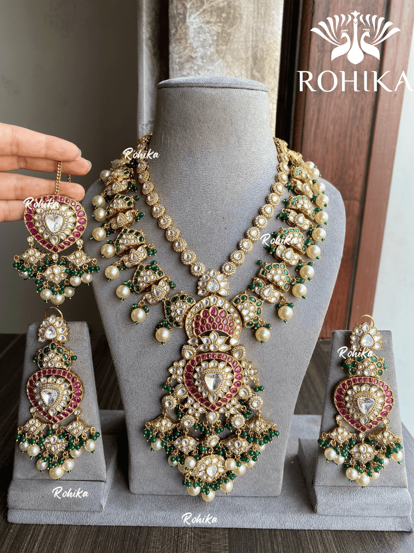 Sangam polki kundan long necklace set - Dark green and Pink - Rohika Store