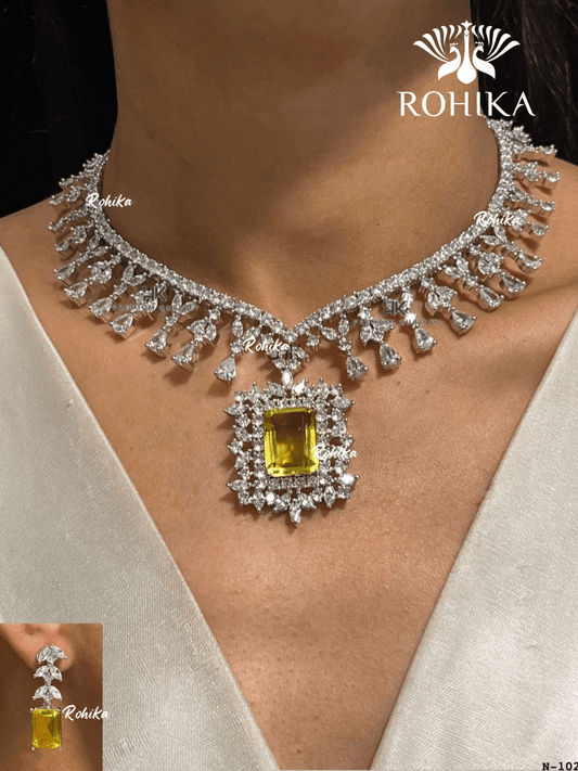 American diamond necklace set (ADN -014) - Yellow - Rohika Store