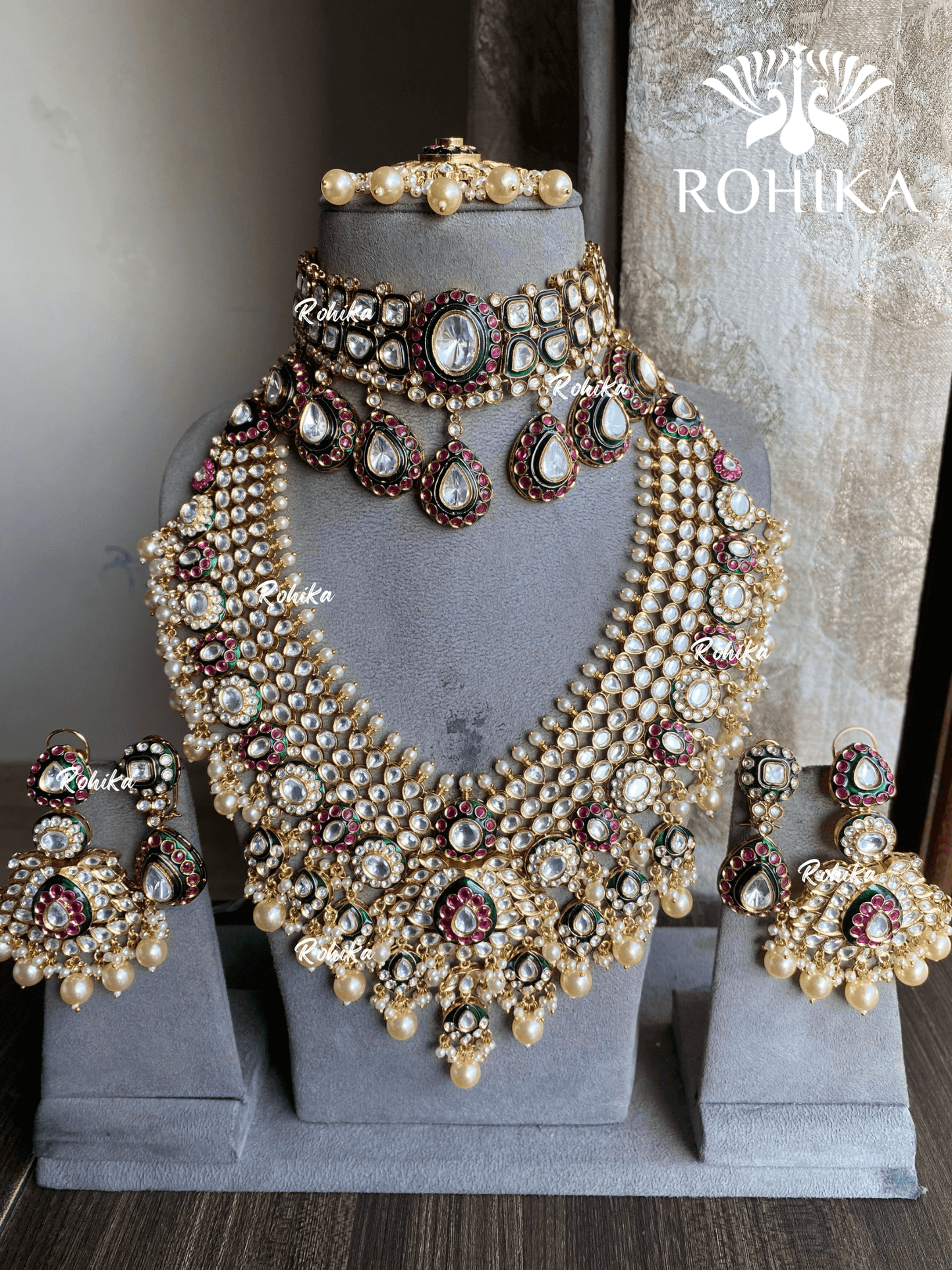 Vayu bikaneri polki kundan bridal combo set - Dark Green and Ruby red - Rohika Store