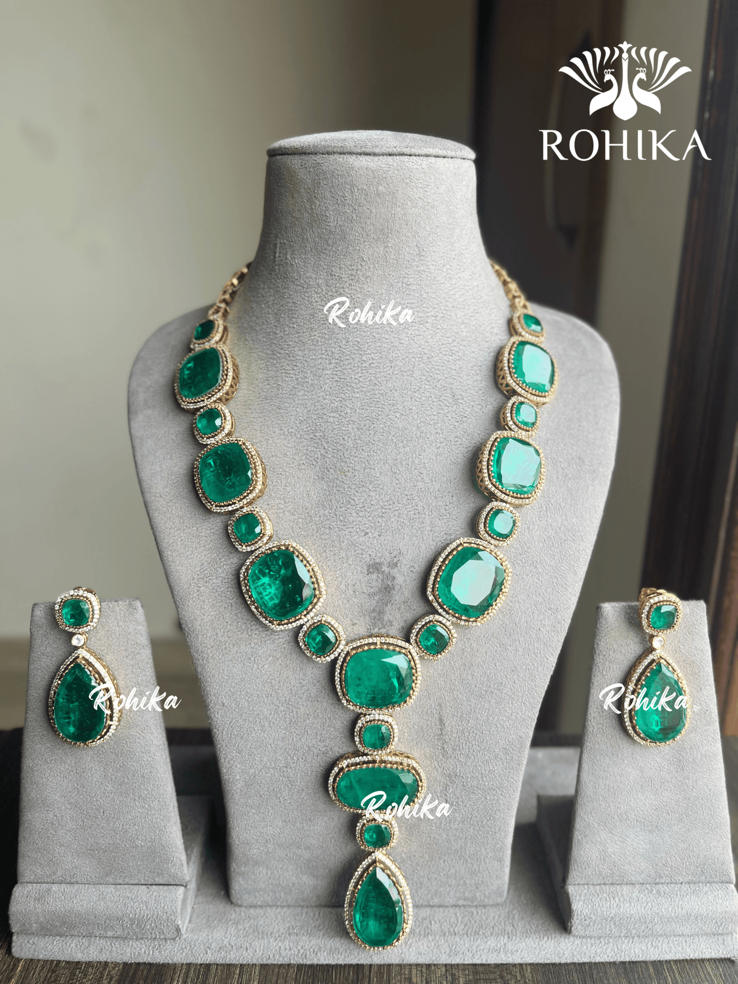 Noor doublet long necklace set - Dark Green - Rohika Store