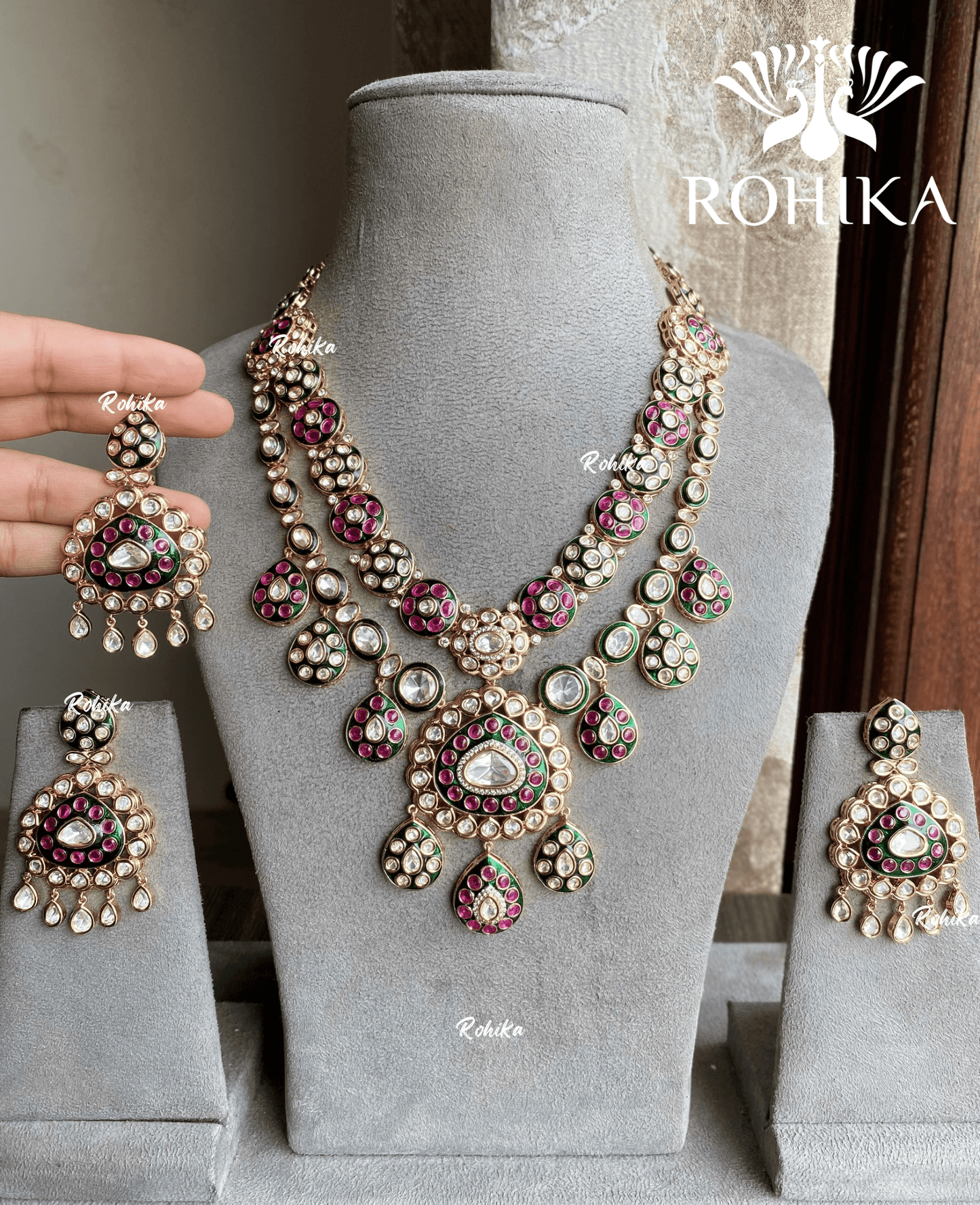 Tapasya Moisanite Polki Necklace Set - Green and Pink - Rohika Store