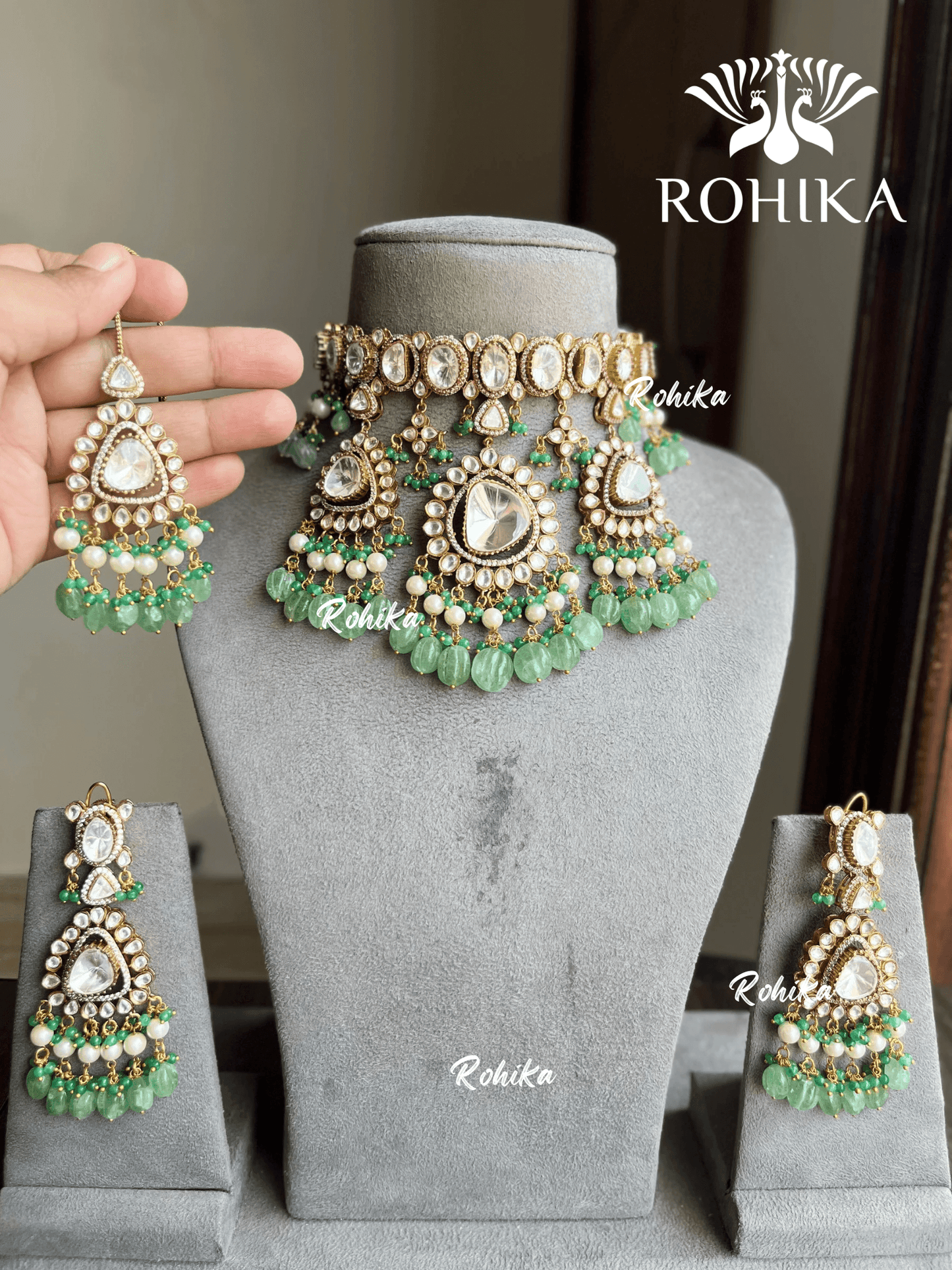 Zina designer polki kundan choker set - Mint Green - Rohika Store