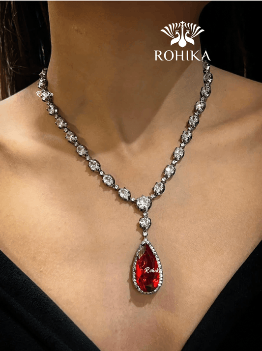 Emily american diamond necklace set - Red - Rohika Store