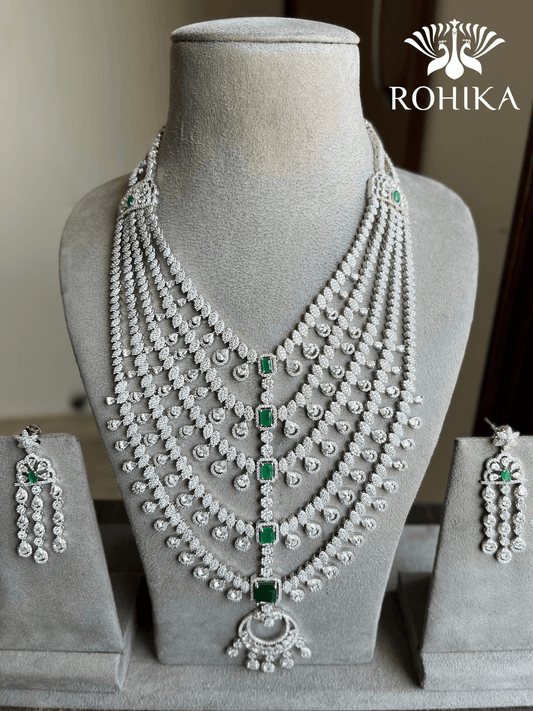 Lisa American diamond necklace set - Dark green - Rohika Store