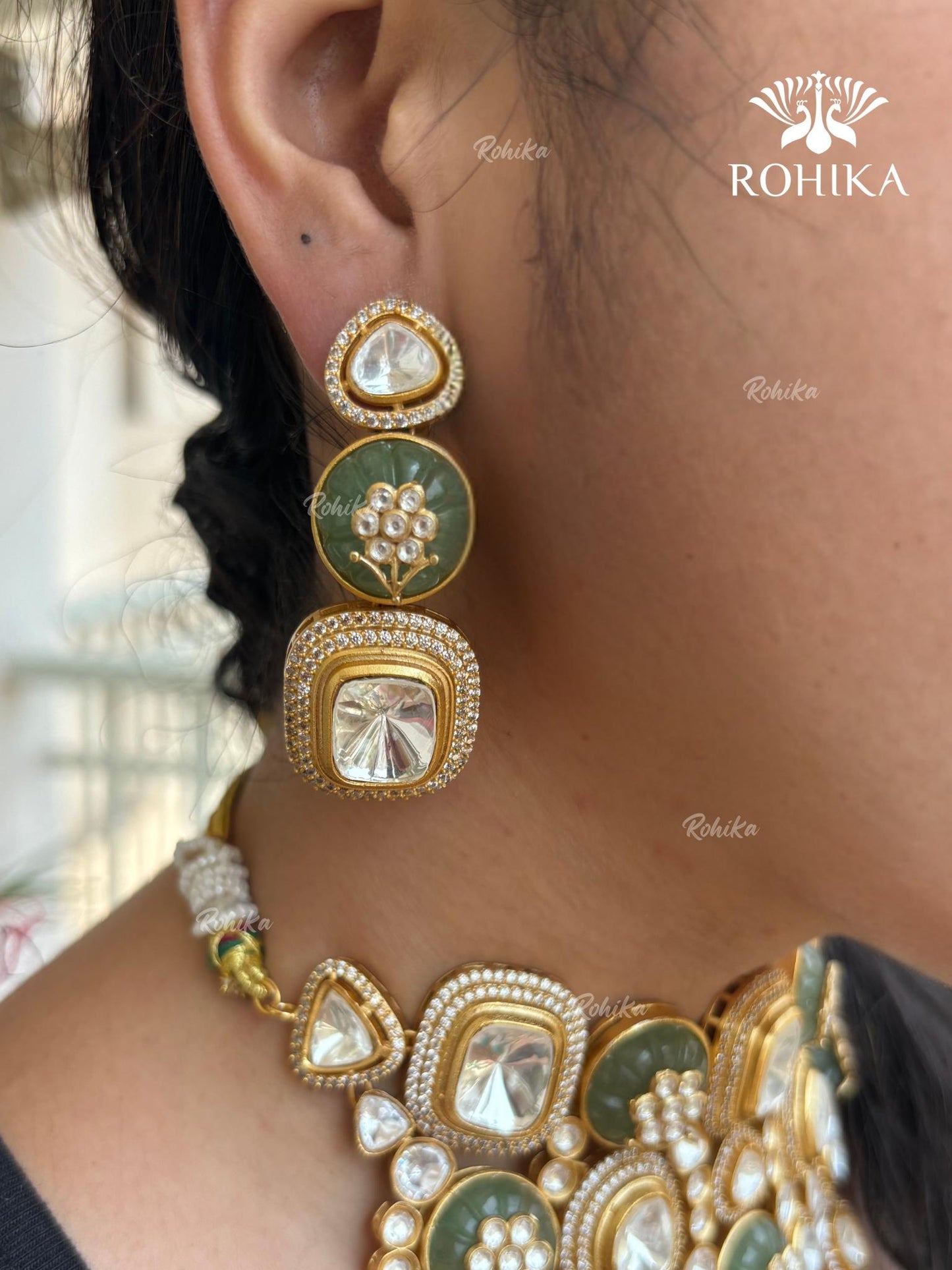 Ishq Moisanite Polki Kundan Necklace Set - Mint Green