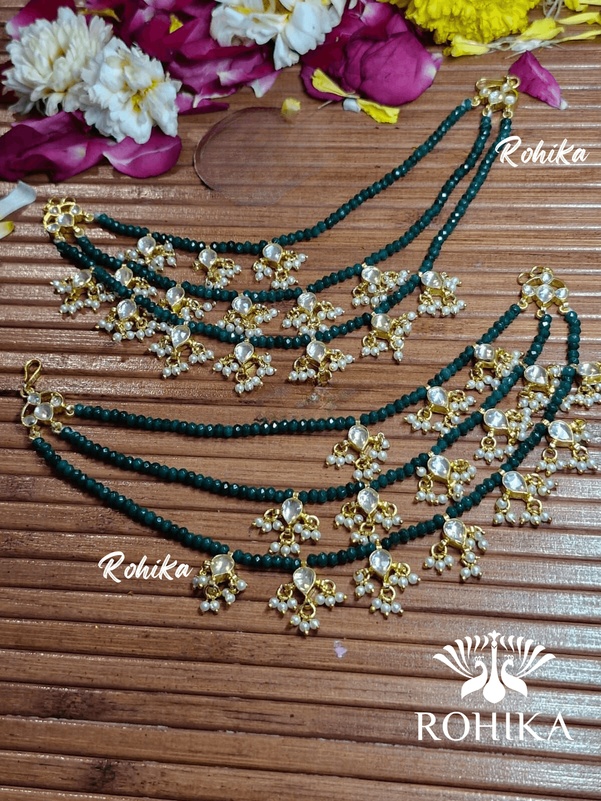 Pachhi kundan earchains - Green - Rohika Store