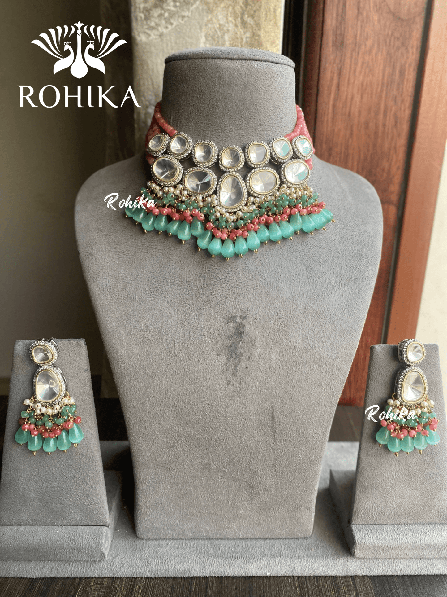 Laisha polki kundan necklace set - Mint Green and peach - Rohika Store