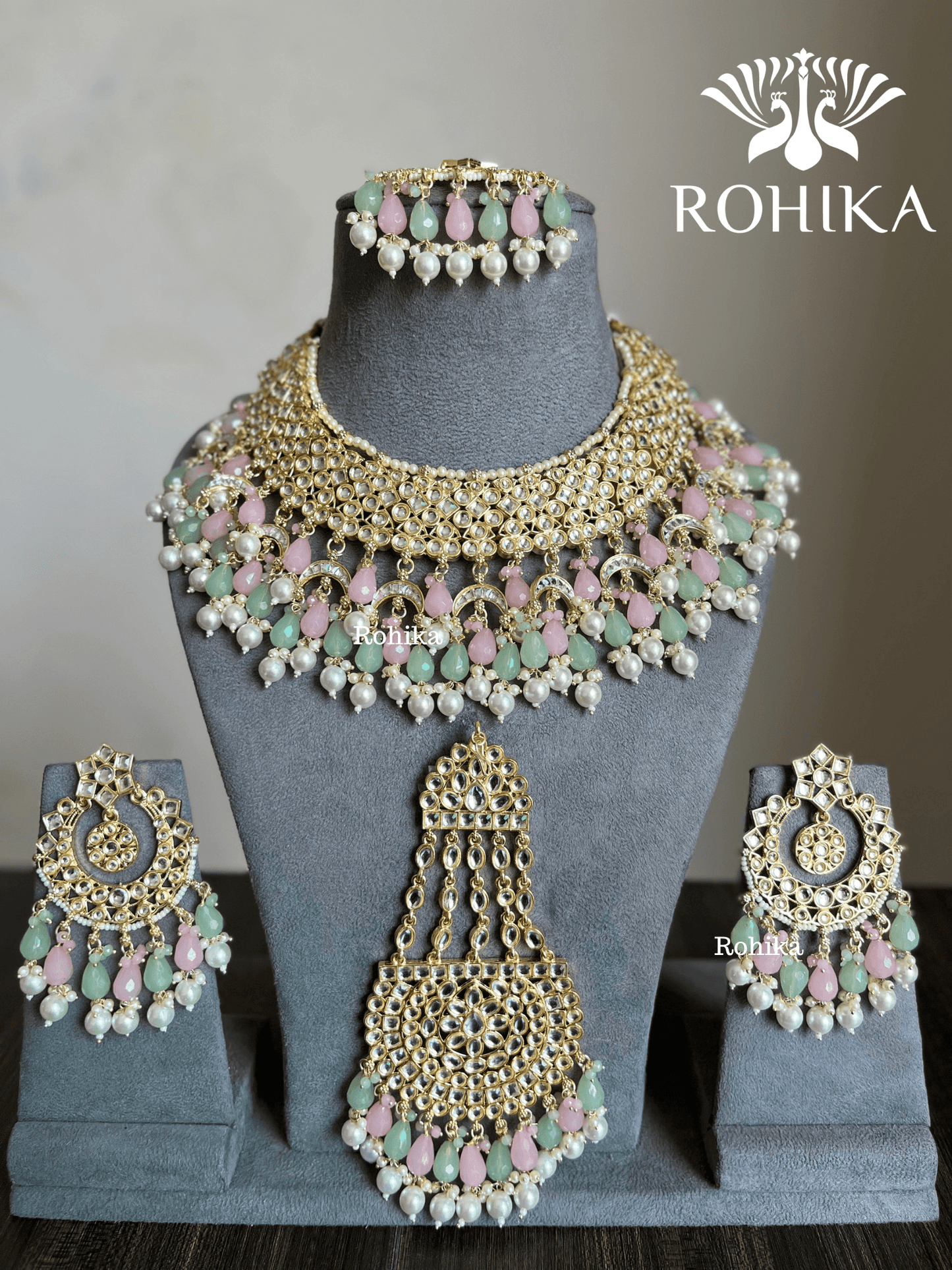 Shaheen Dabi Kundan bridal necklace set - Pink and Mint (Multi) - Rohika Store