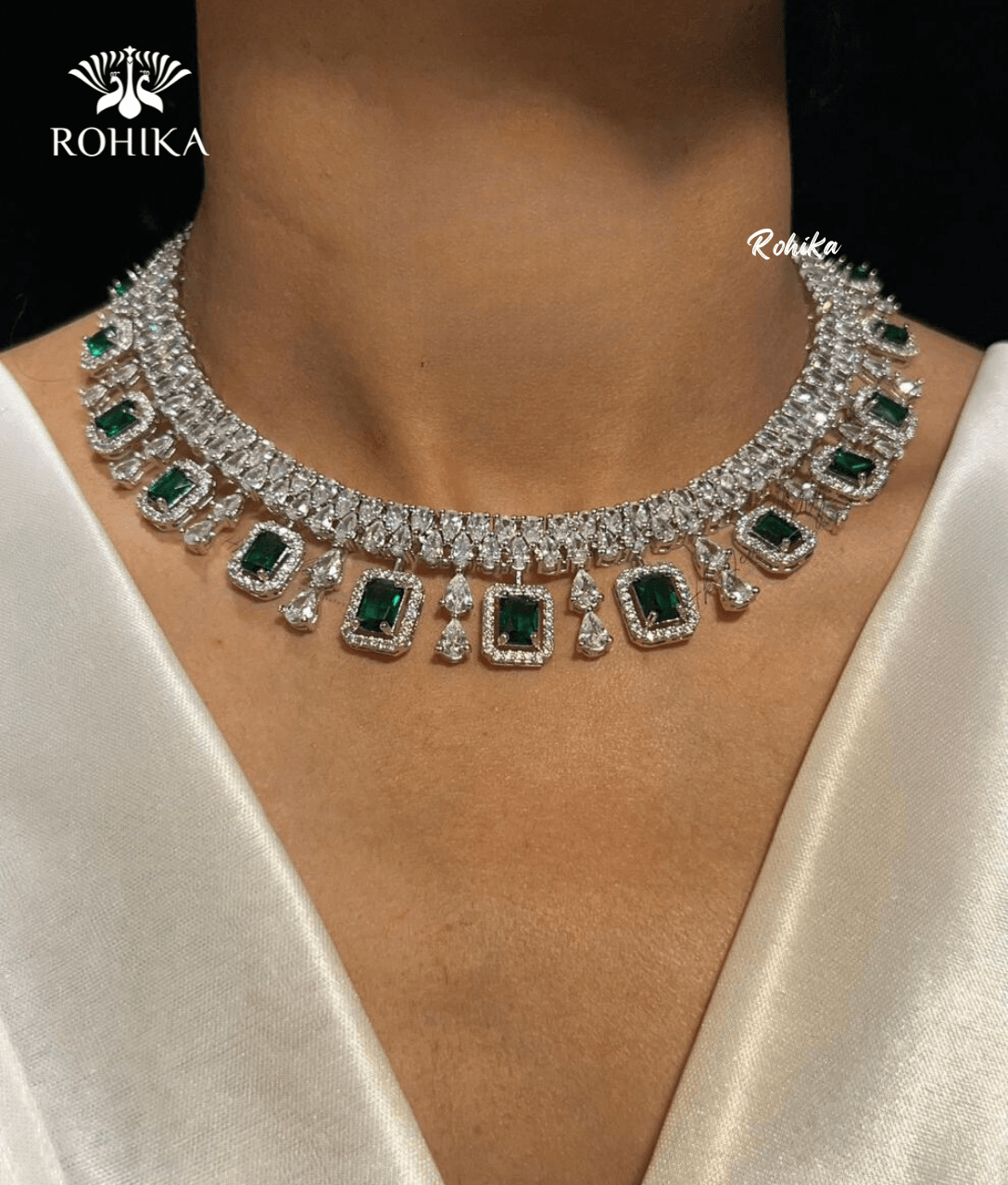 Aria american diamond necklace set -Dark Green - Rohika Store