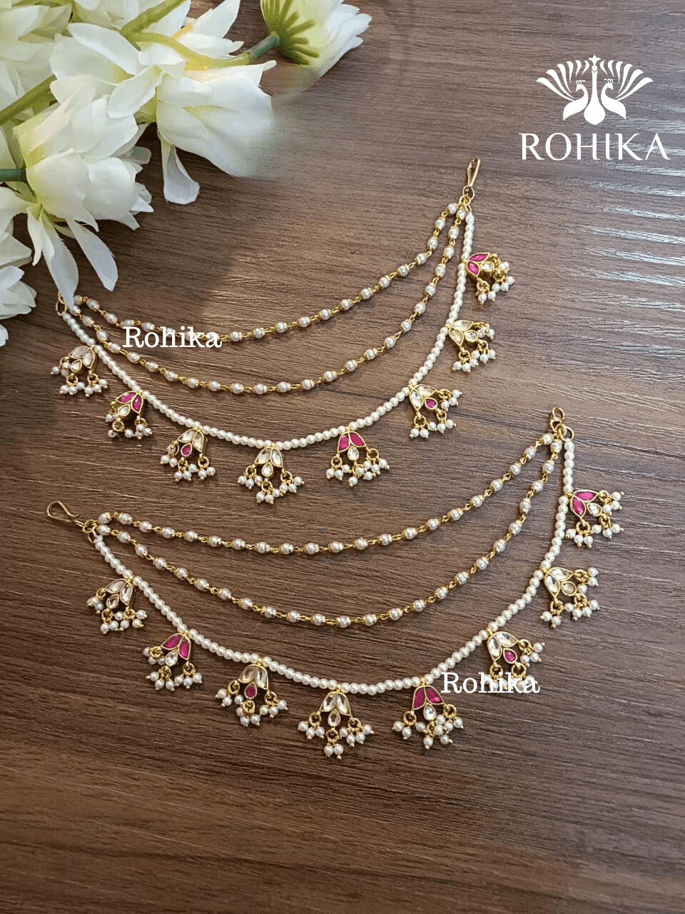 Pachhi kundan earchains - white and Red - Rohika Store