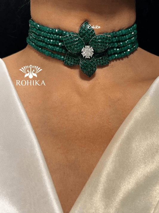 Ivy american diamond choker set - Green - Rohika Store