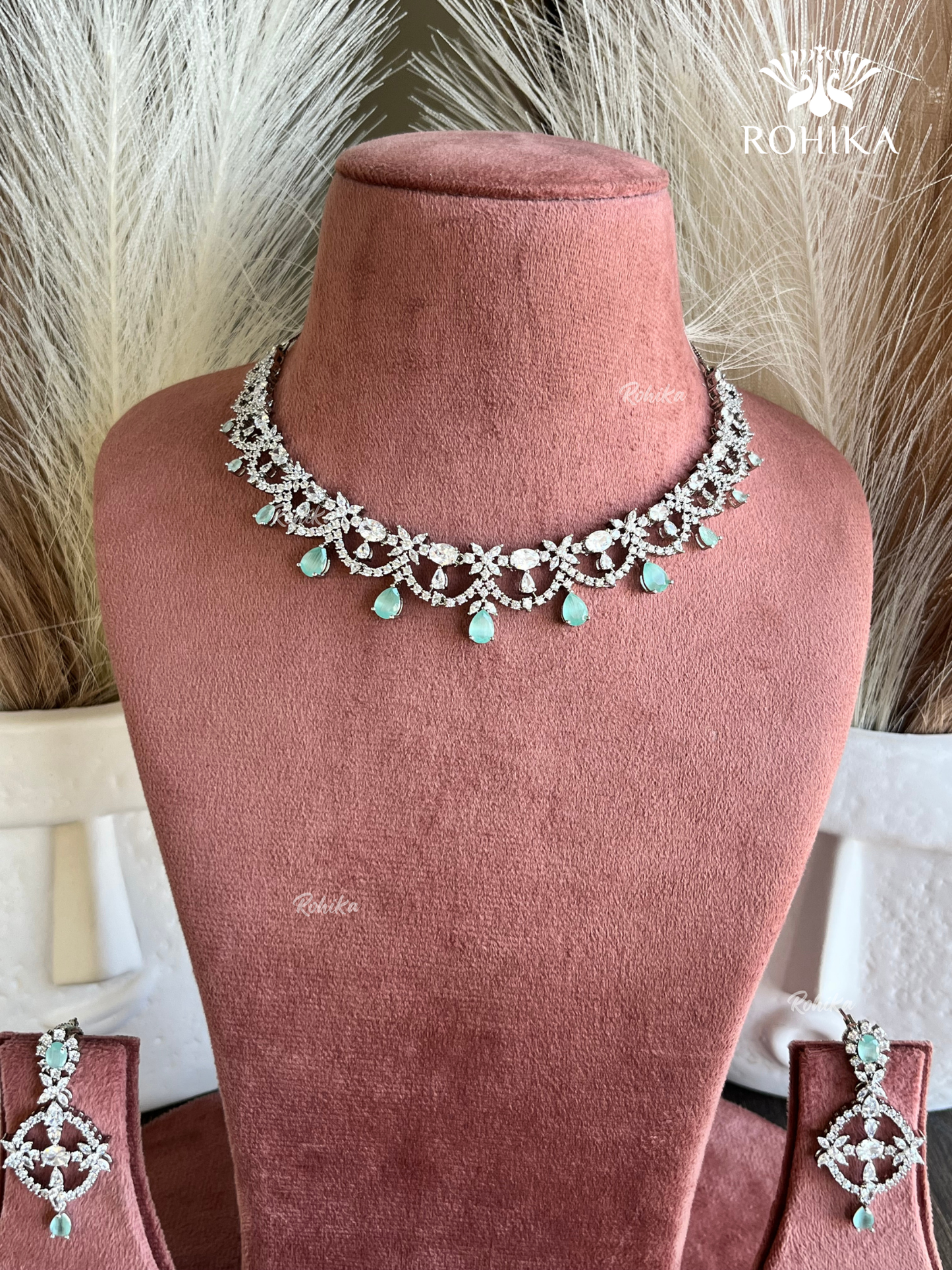 Hinaya American diamond necklace set - Mint green