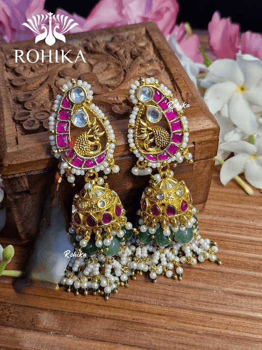 Parini pachhi kundan jhumka (PKJ006) - Pink & mint green - Rohika Store