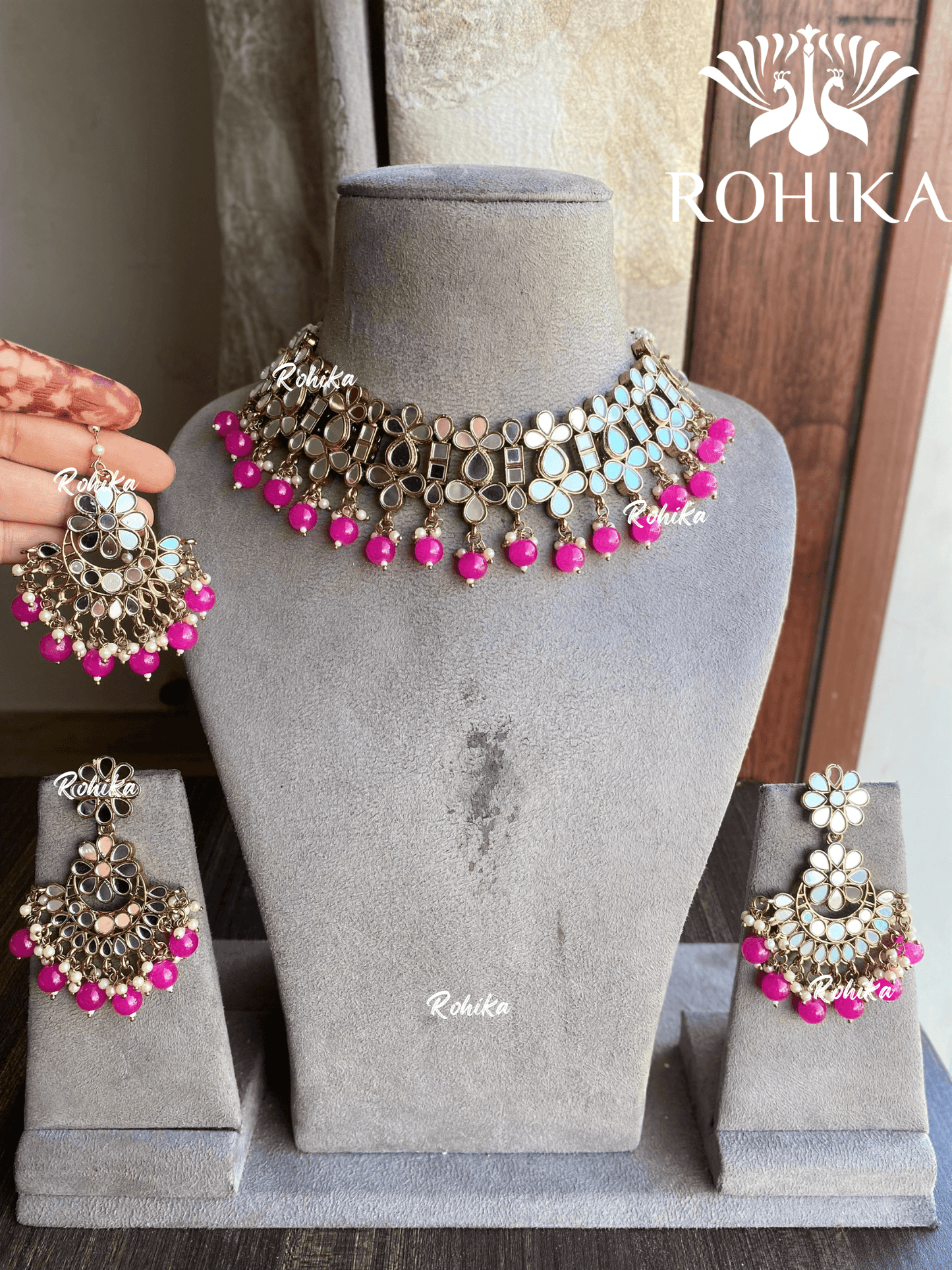 Kaniya mirror choker set - Dark pink - Rohika Store