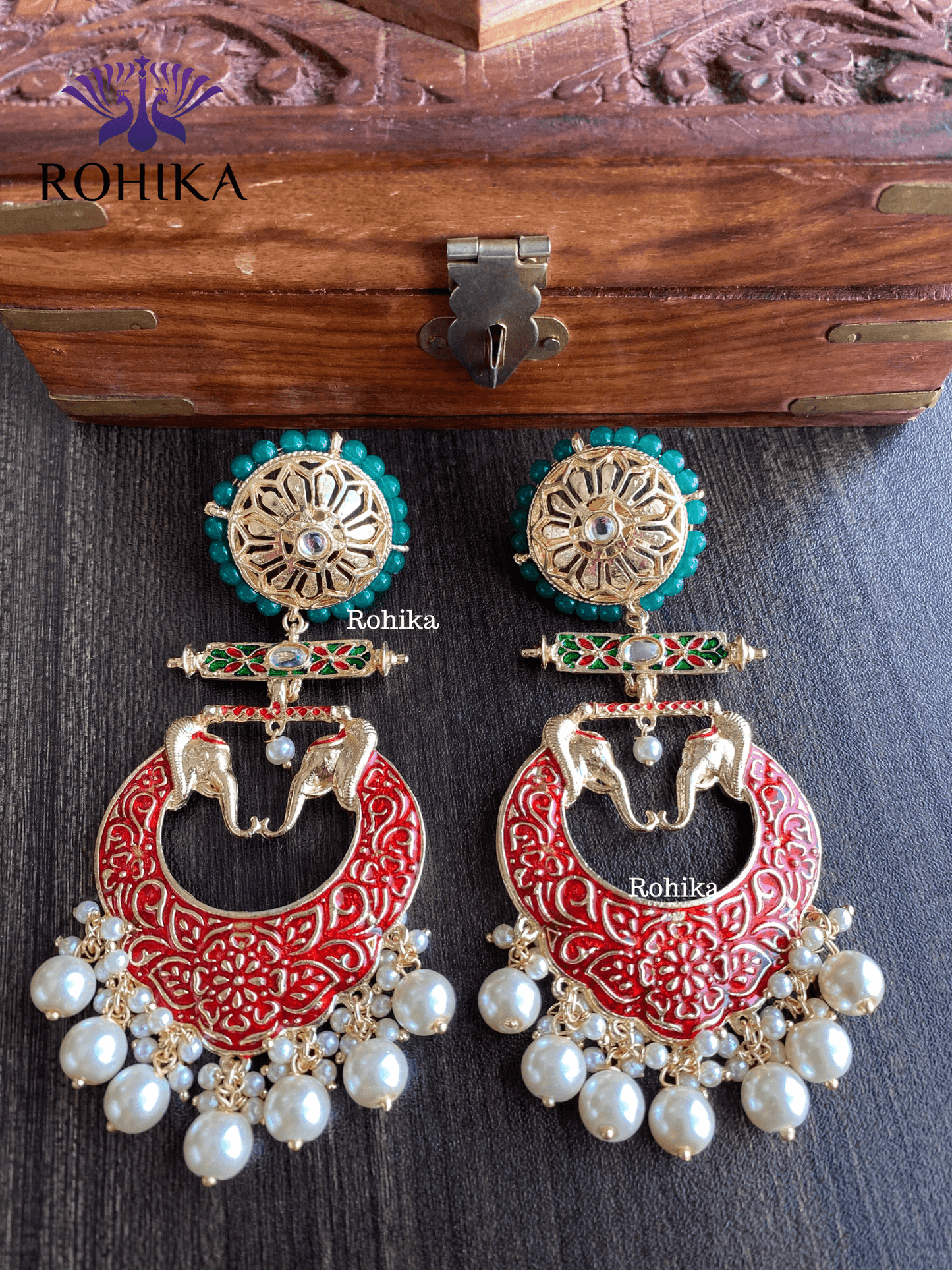 Gaja meenakari earrings - Red - Rohika Store