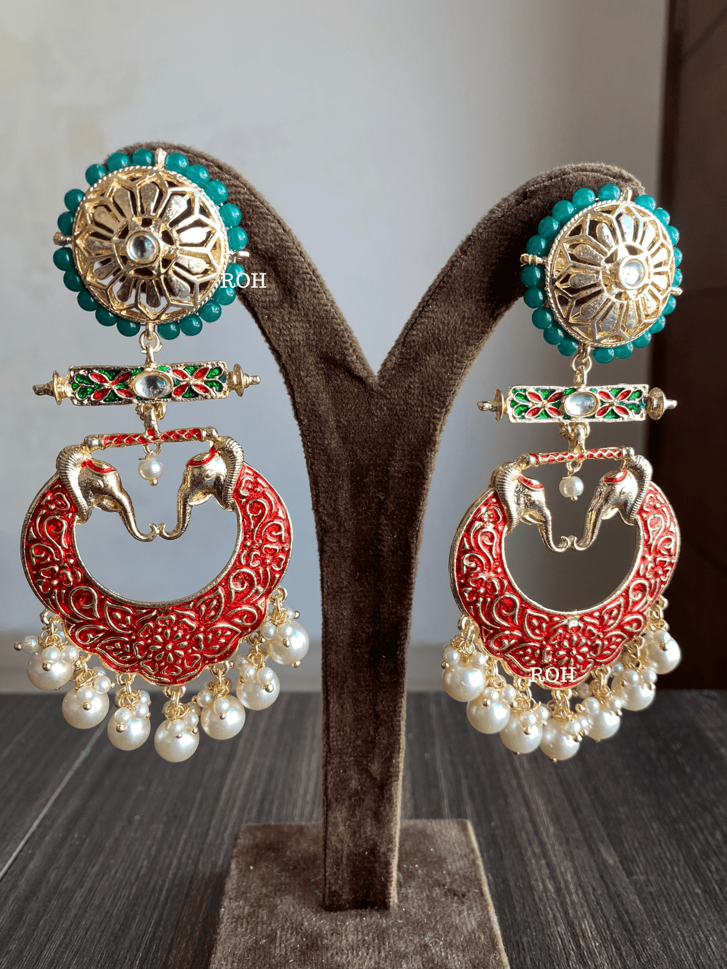 Gaja meenakari earrings - Red - Rohika Store