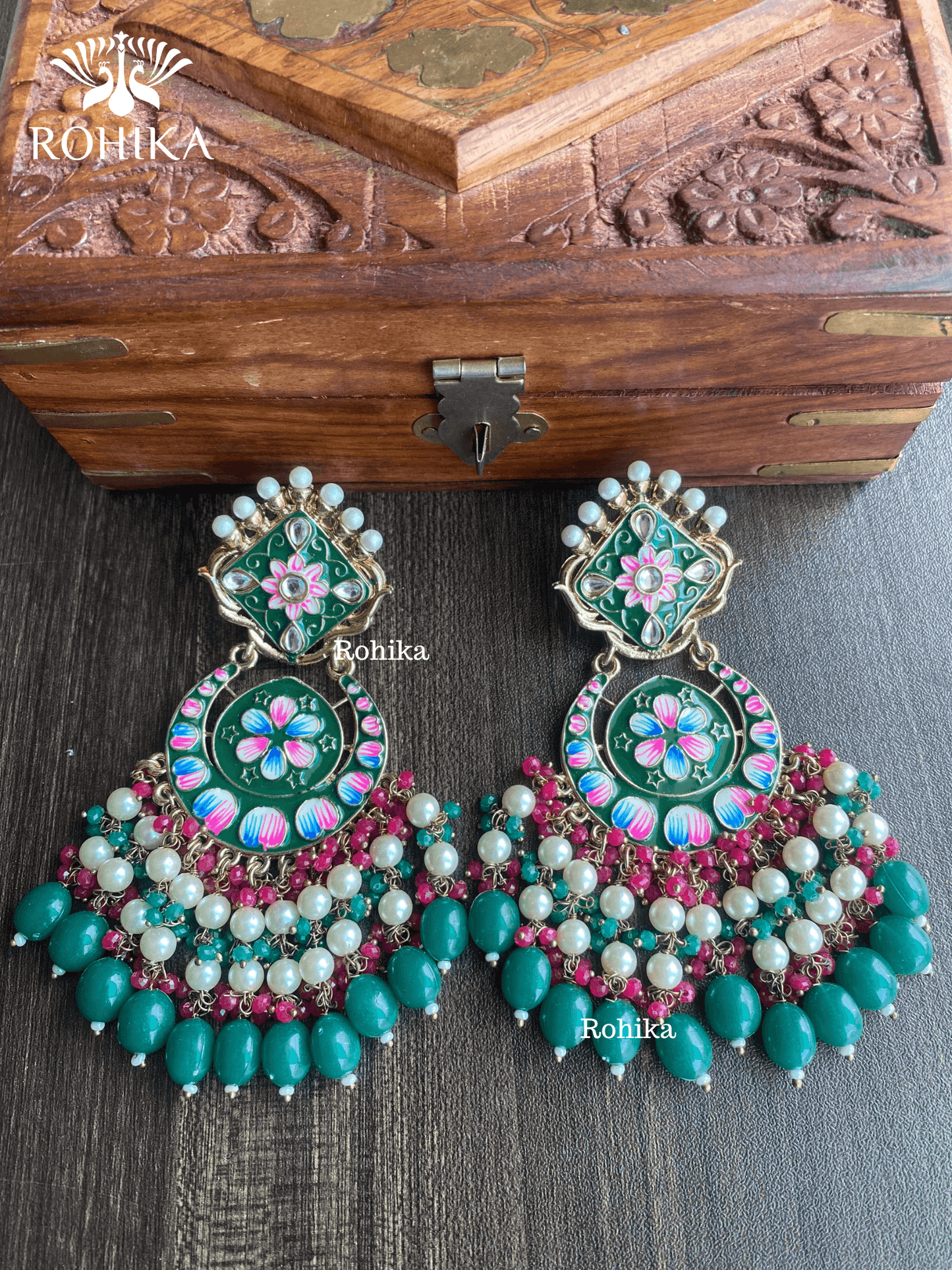Rashmi meenakari earrings - Dark Green - Rohika Store