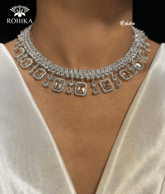 Aria american diamond necklace set - Yellow - Rohika Store