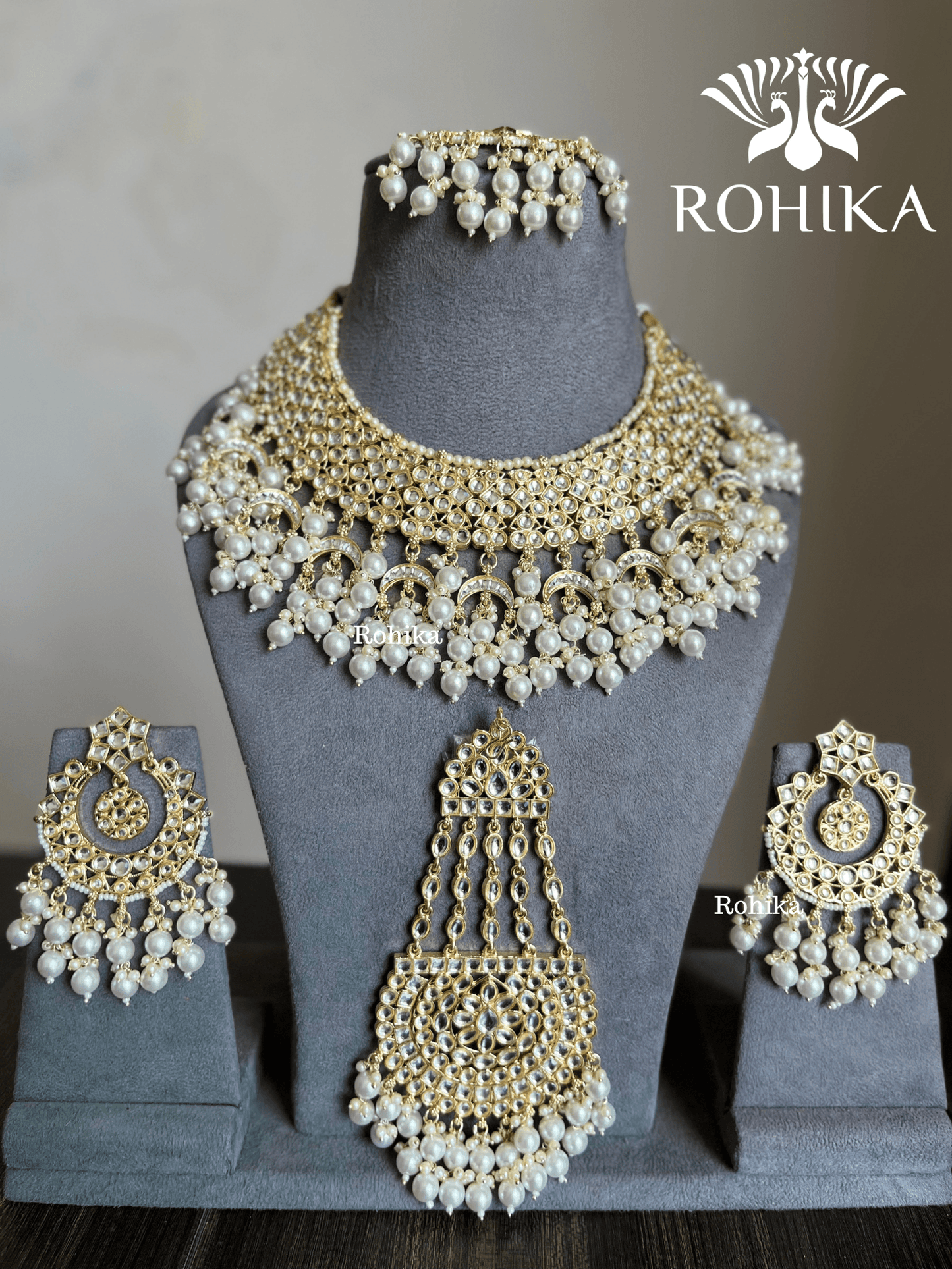 Shaheen Dabi Kundan bridal necklace set - White - Rohika Store