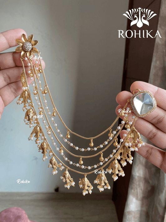 Piya polki kundan earrings with earchains- Golden - Rohika Store