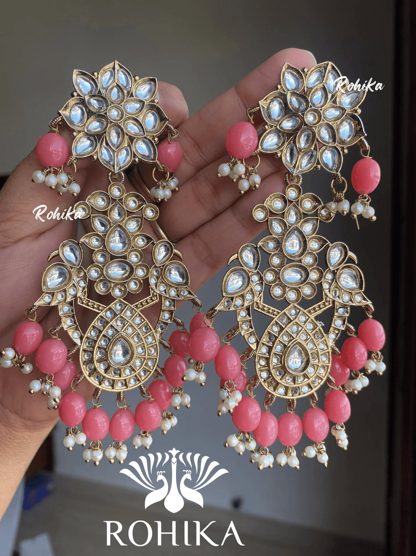 Anupama kundan earrings -Peach - Rohika Store