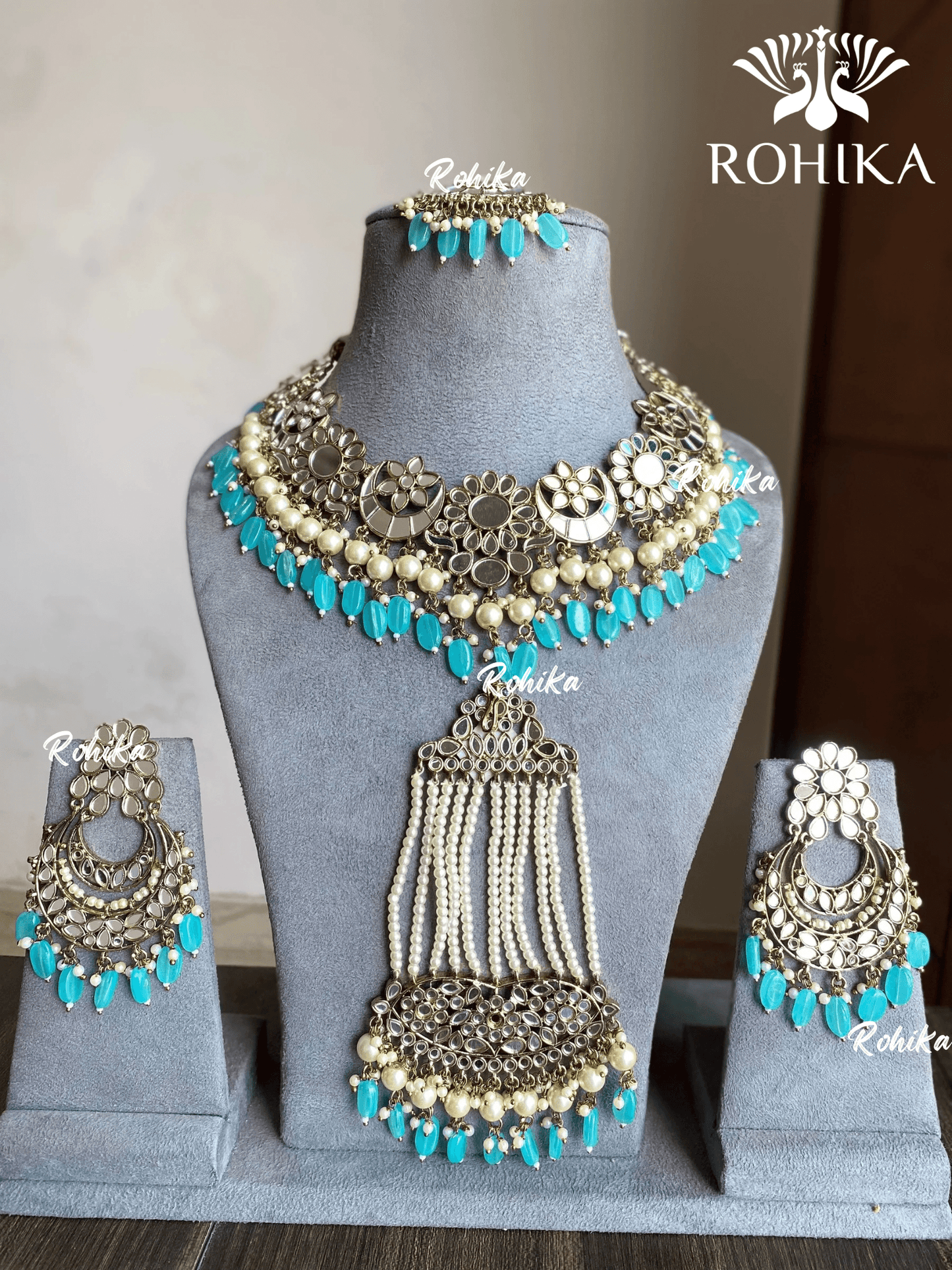 Ravleen mirror necklace set - Sky blue - Rohika Store